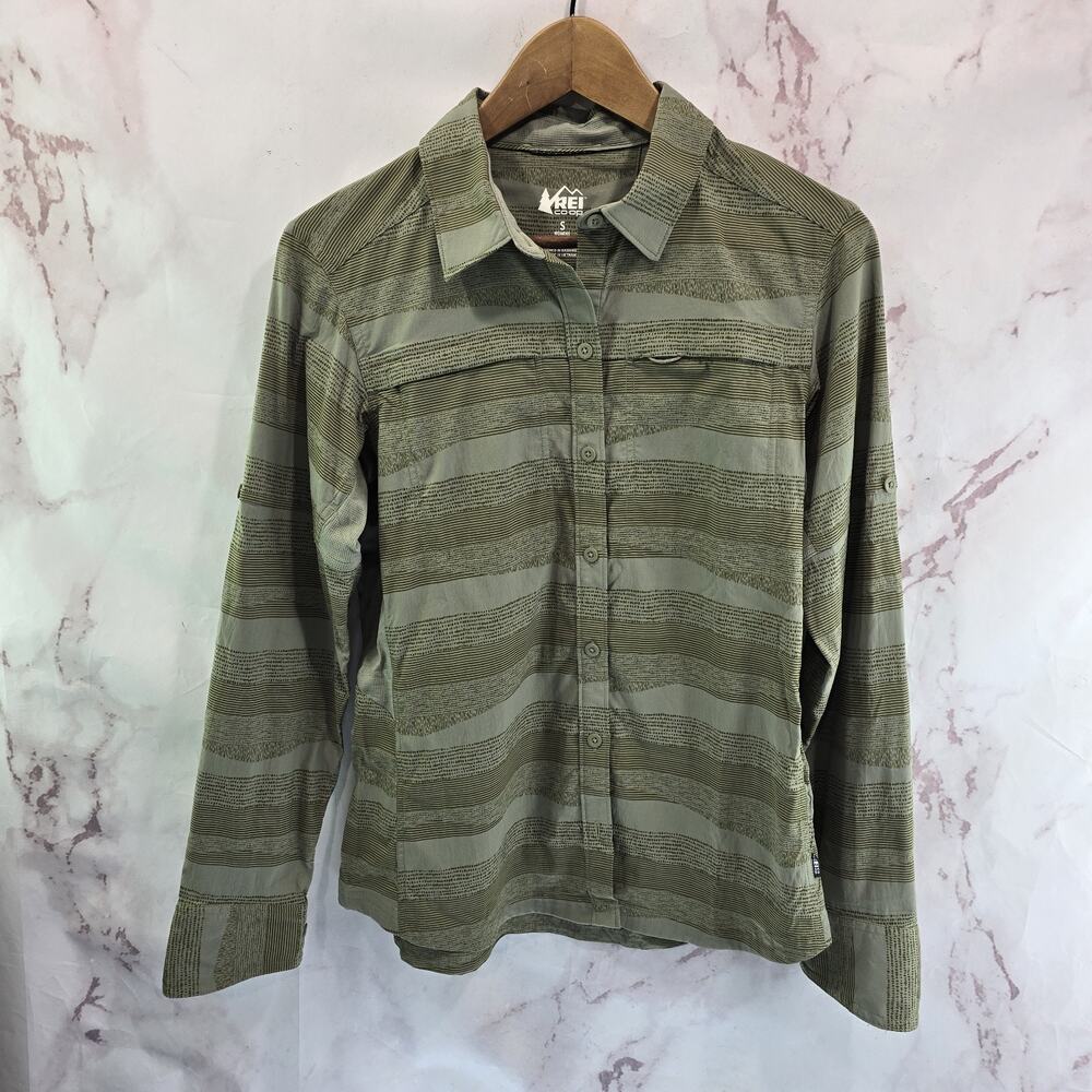 REI Co Op Shirt Womens Small Green Long Sleeve Button Up Sahara Striped